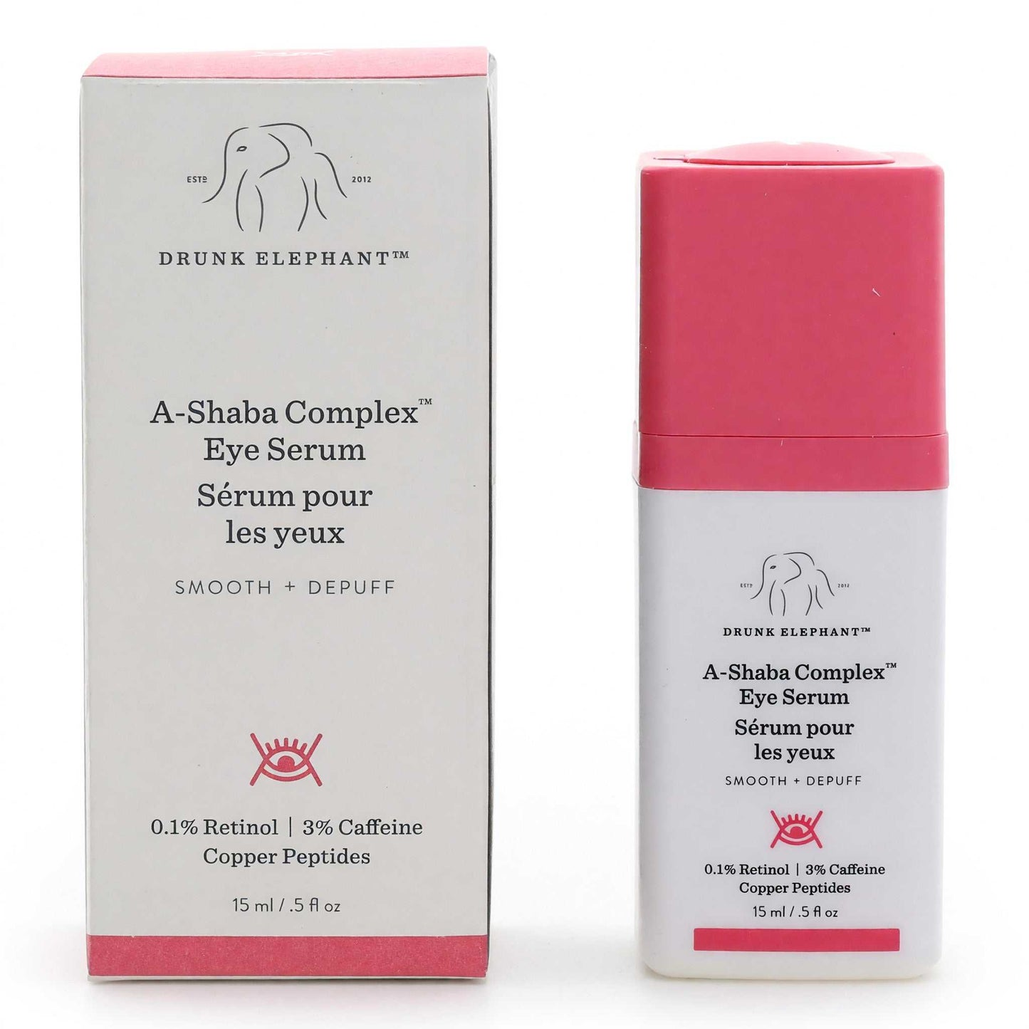 Drunk Elephant A-Shaba Complex eye serum bottle with pink cap and product box