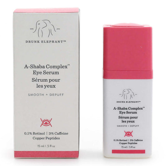 Drunk Elephant A-Shaba Complex eye serum bottle with pink cap and product box
