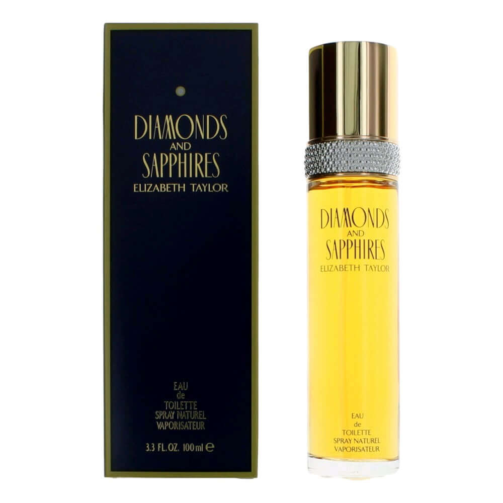 Women's EDT perfume spray bottle with gold cap and matching product box
