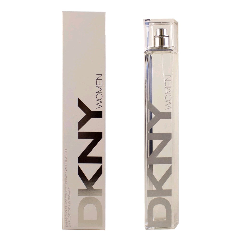 DKNY Women energizing EDT spray bottle with clear glass and silver cap, in beige box