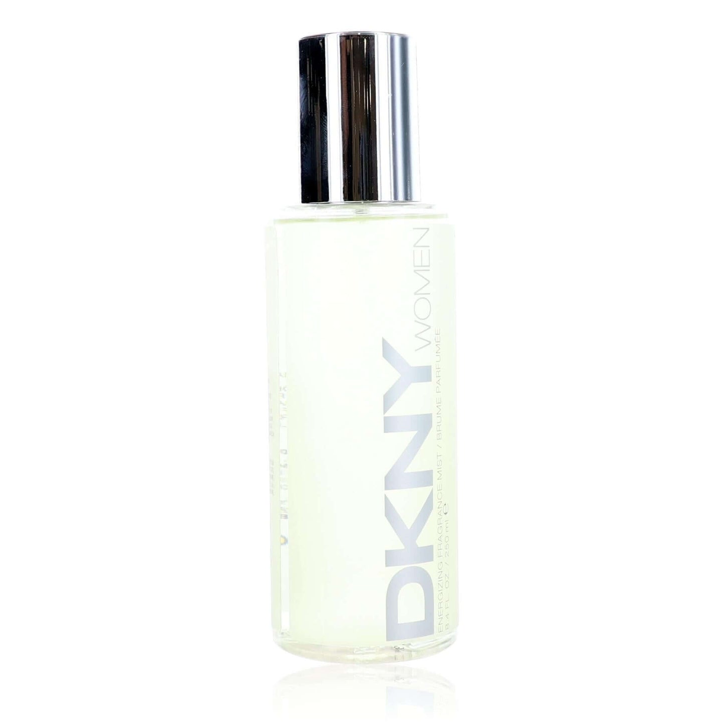 Body mist bottle with silver cap, clear glass, DKNY Women label