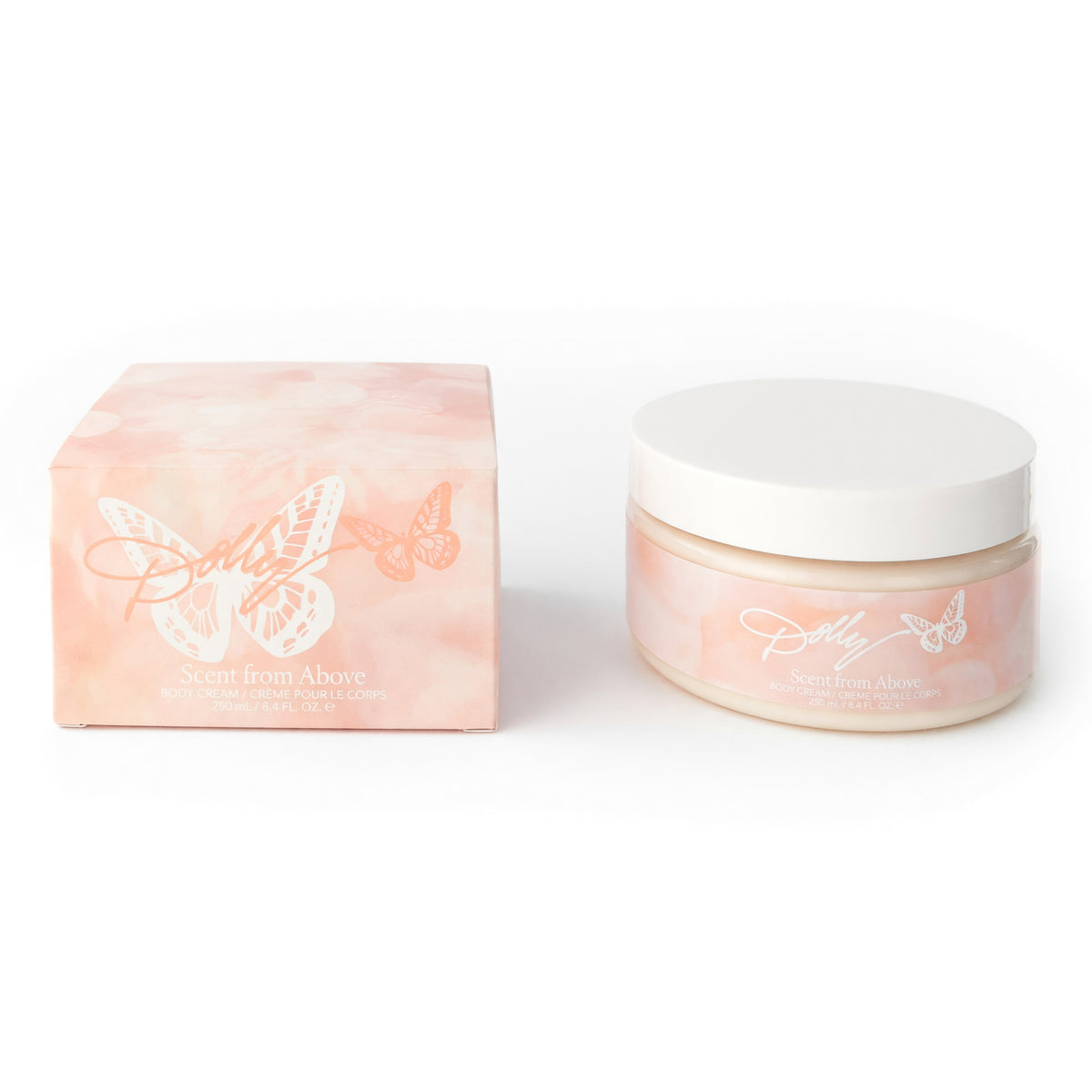 Scent From Above body cream jar with white lid and peach pink box