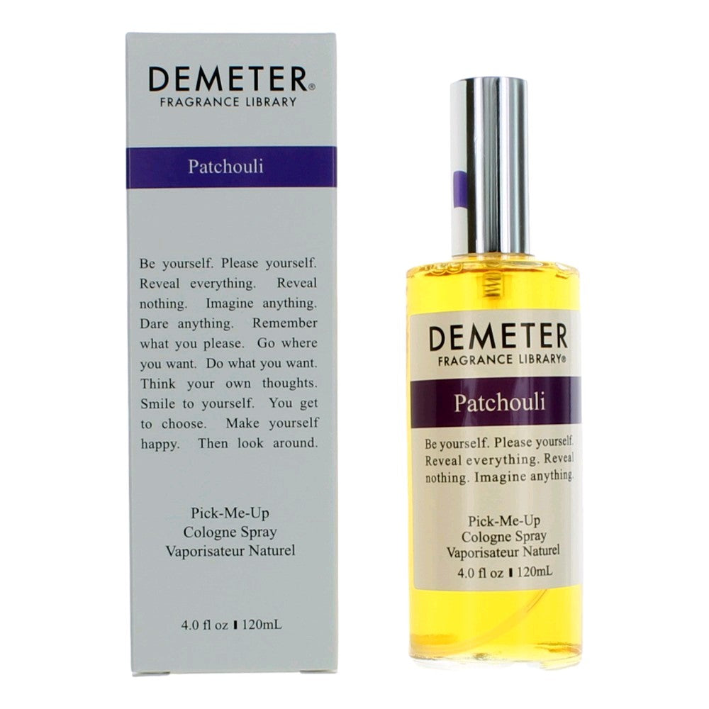 Demeter Patchouli cologne spray bottle with 4 oz box, yellow liquid and purple label