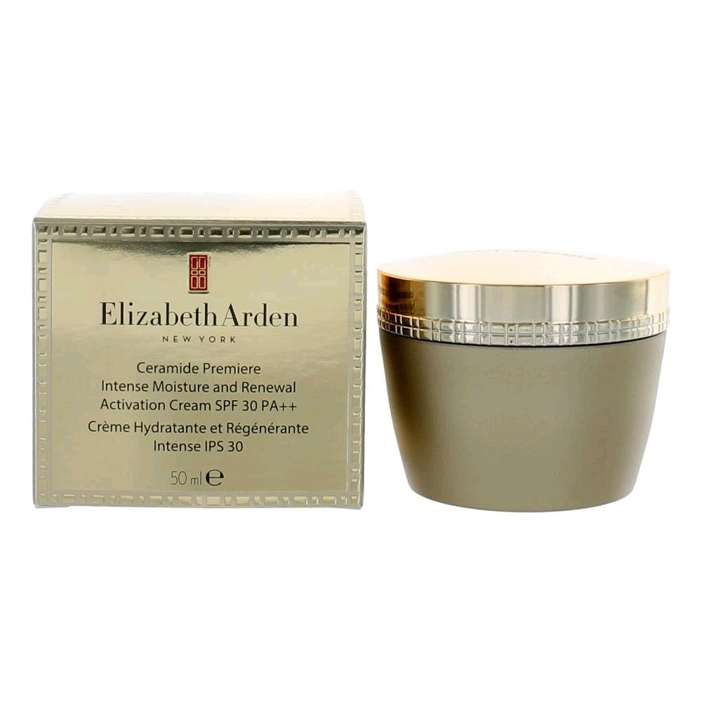 Ceramide Premiere SPF 30 cream box and jar, beige with gold lid