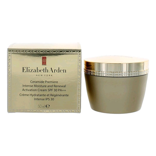 Ceramide Premiere SPF 30 cream box and jar, beige with gold lid