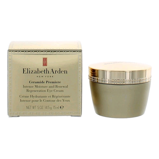 Elizabeth Arden Ceramide Premiere eye cream jar with gold lid and box, 0.5 oz