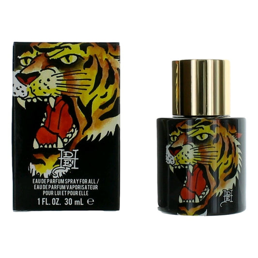 Unisex perfume spray with tiger graphic, 1 fl oz (30 mL), black bottle and gold cap