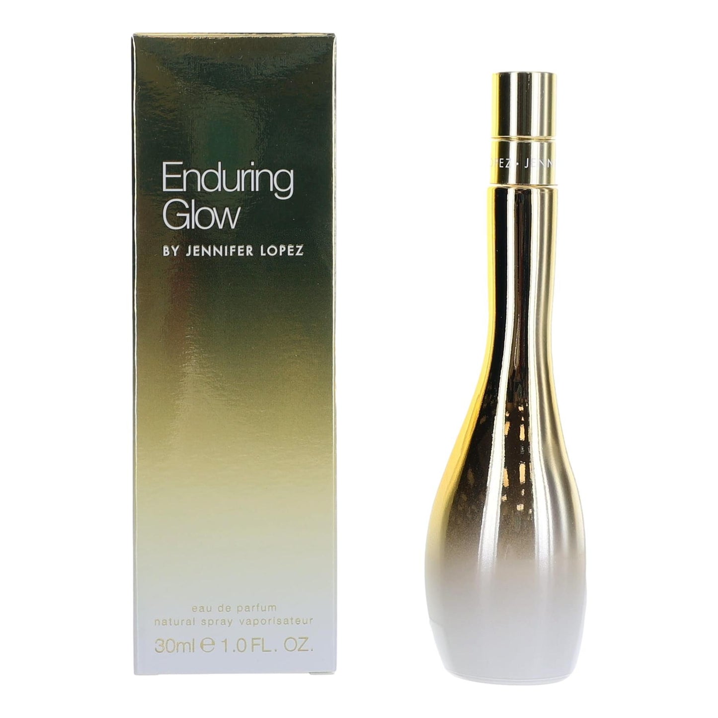 Women’s EDP spray bottle with gold cap and matching box for Enduring Glow