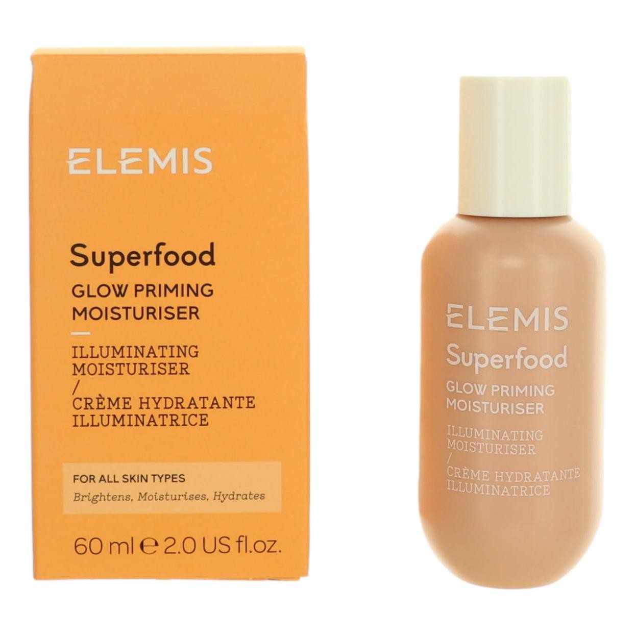Elemis Superfood Glow Priming Moisturiser bottle with orange box