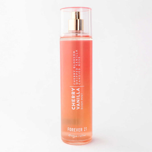 Forever 21 cherry vanilla body mist bottle, clear cap, pink-orange spray liquid