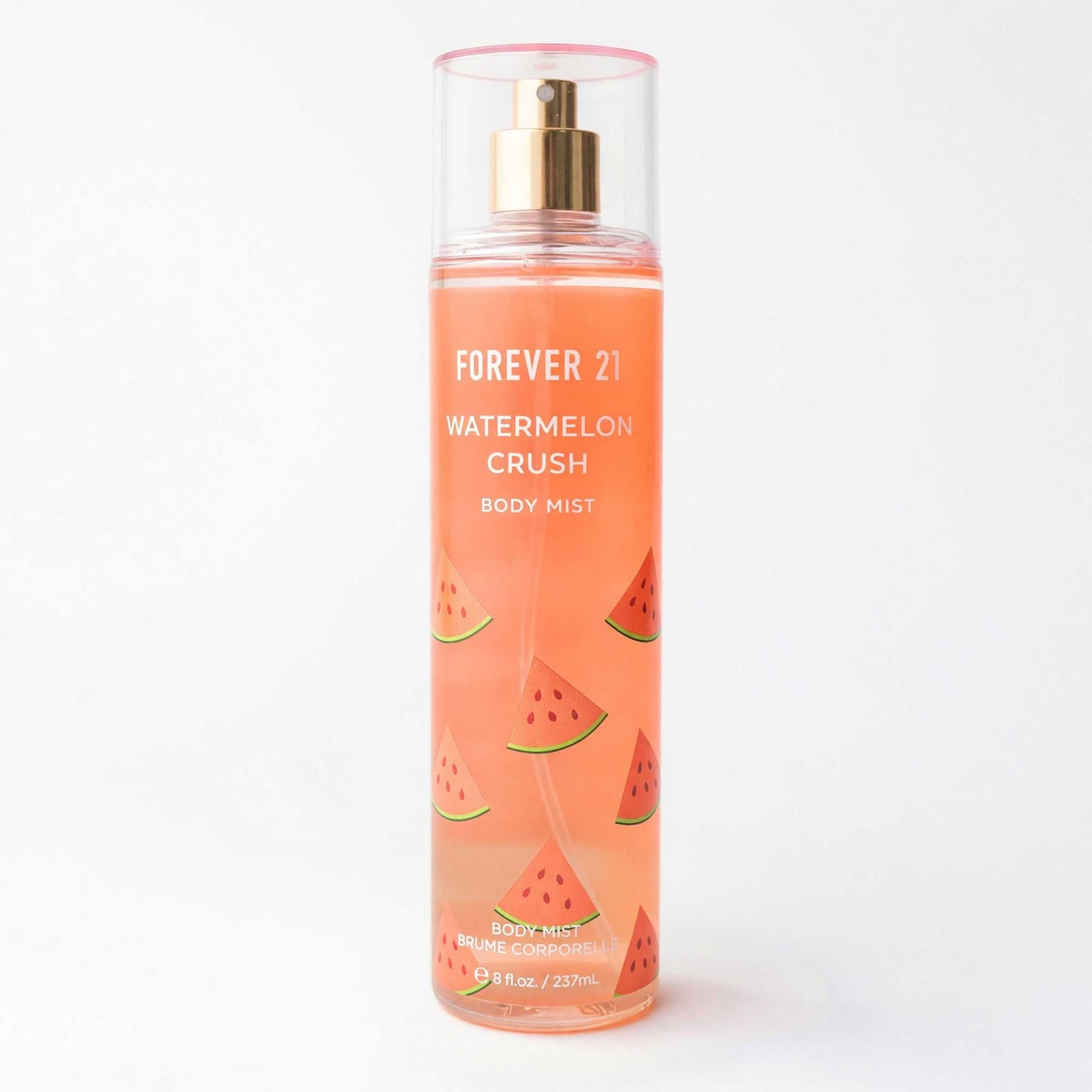 Forever 21 Watermelon Crush body mist bottle, pink-orange with watermelon print