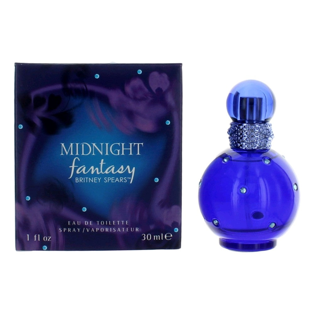 Blue perfume spray bottle with Midnight Fantasy box by Britney Spears