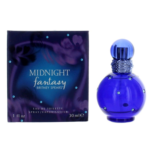Blue perfume spray bottle with Midnight Fantasy box by Britney Spears
