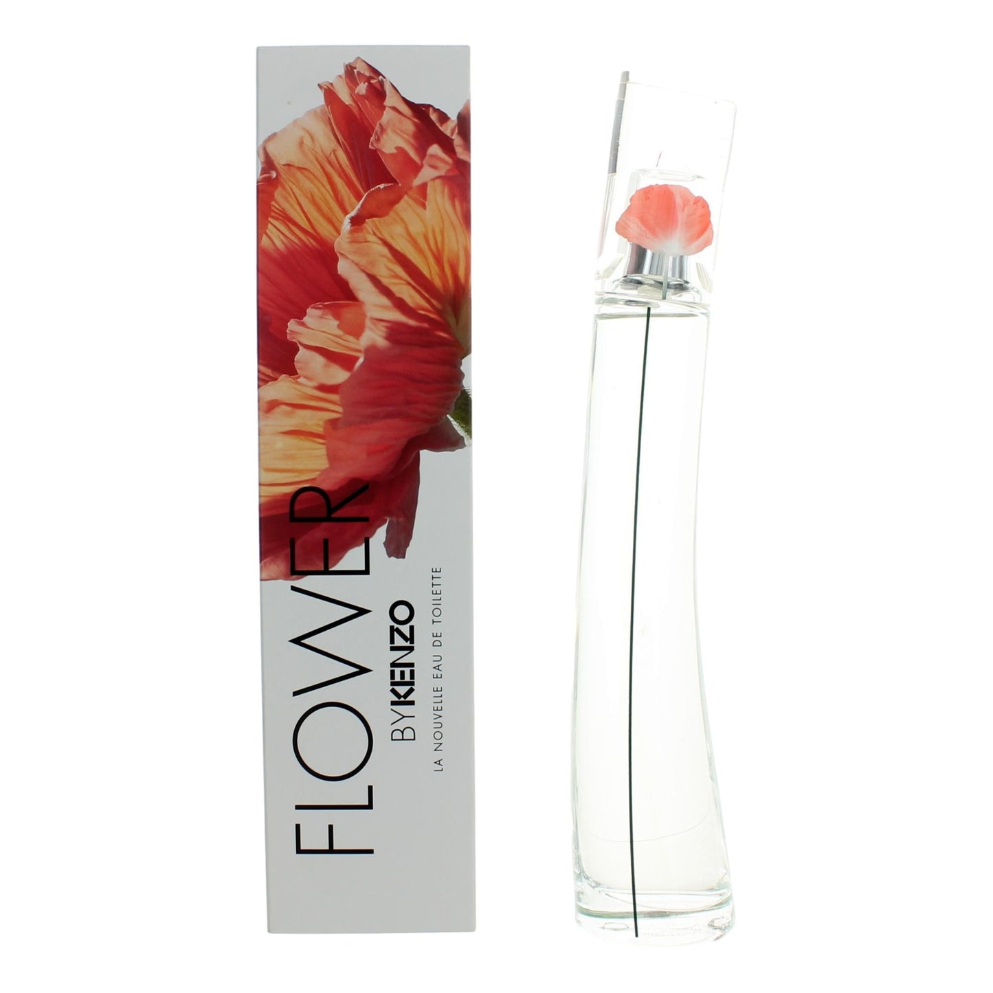 Flower by Kenzo EDT spray bottle with clear glass and silver spray cap, with box