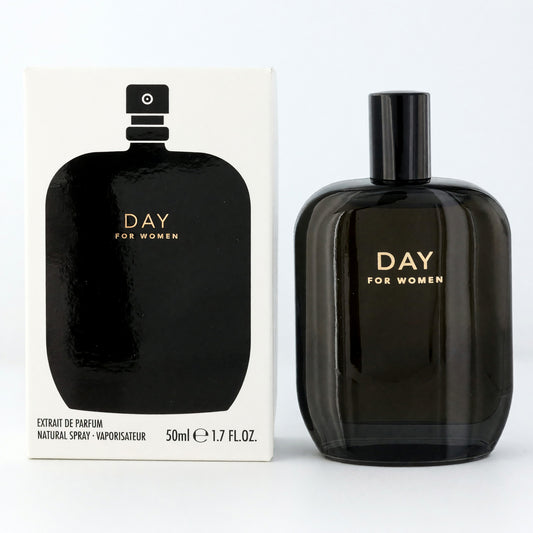 Women’s extrait de parfum spray bottle with black glass and cap, label DAY for women