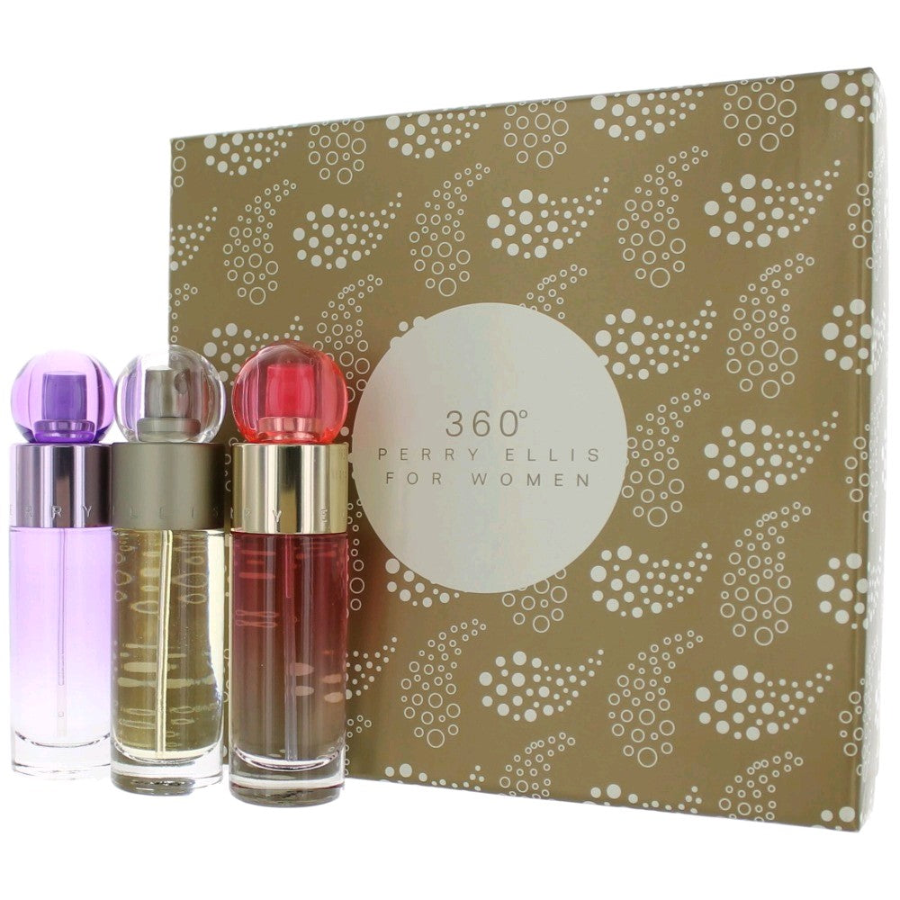 3-piece women's perfume variety set with three glass bottles and patterned gift box