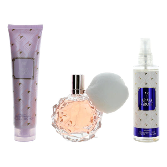 Ari by Ariana Grande 3-piece gift set with lotion tube, spray bottle, and body mist