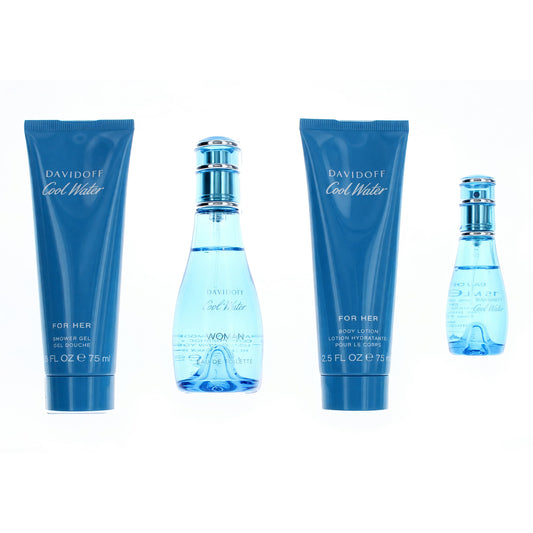 Davidoff Cool Water women's 4-piece set: blue lotion tubes and perfume bottles