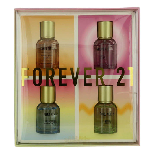 Forever 21 4-piece perfume set with four glass bottles, gold-tone caps, gift box