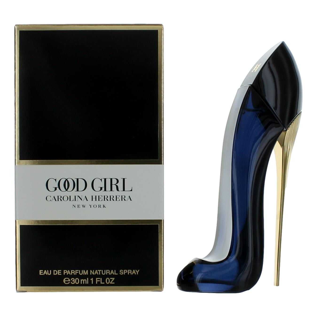 Women's EDP perfume bottle with blue glass and gold stiletto heel, plus box