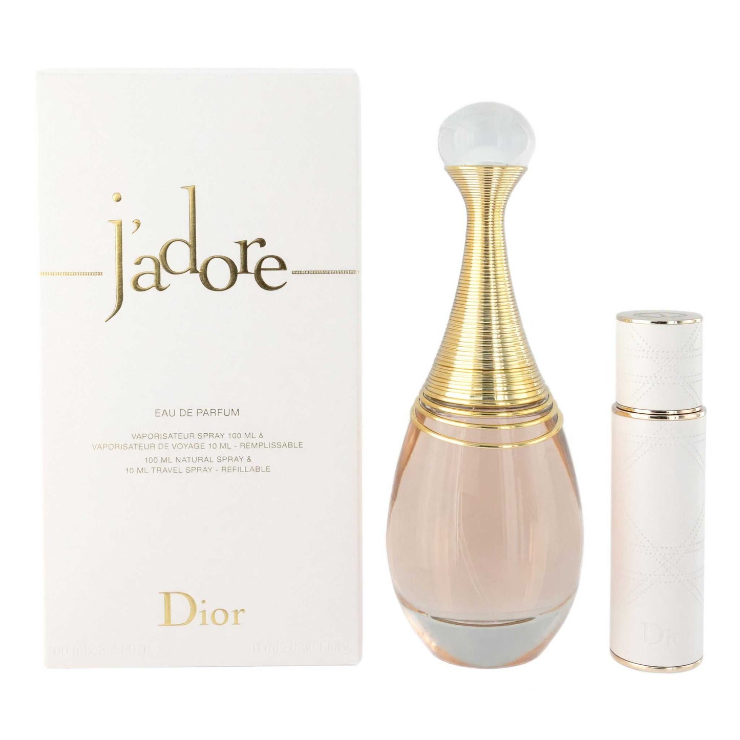 J'adore by Christian Dior 2-piece perfume set: gold-capped bottle and travel spray
