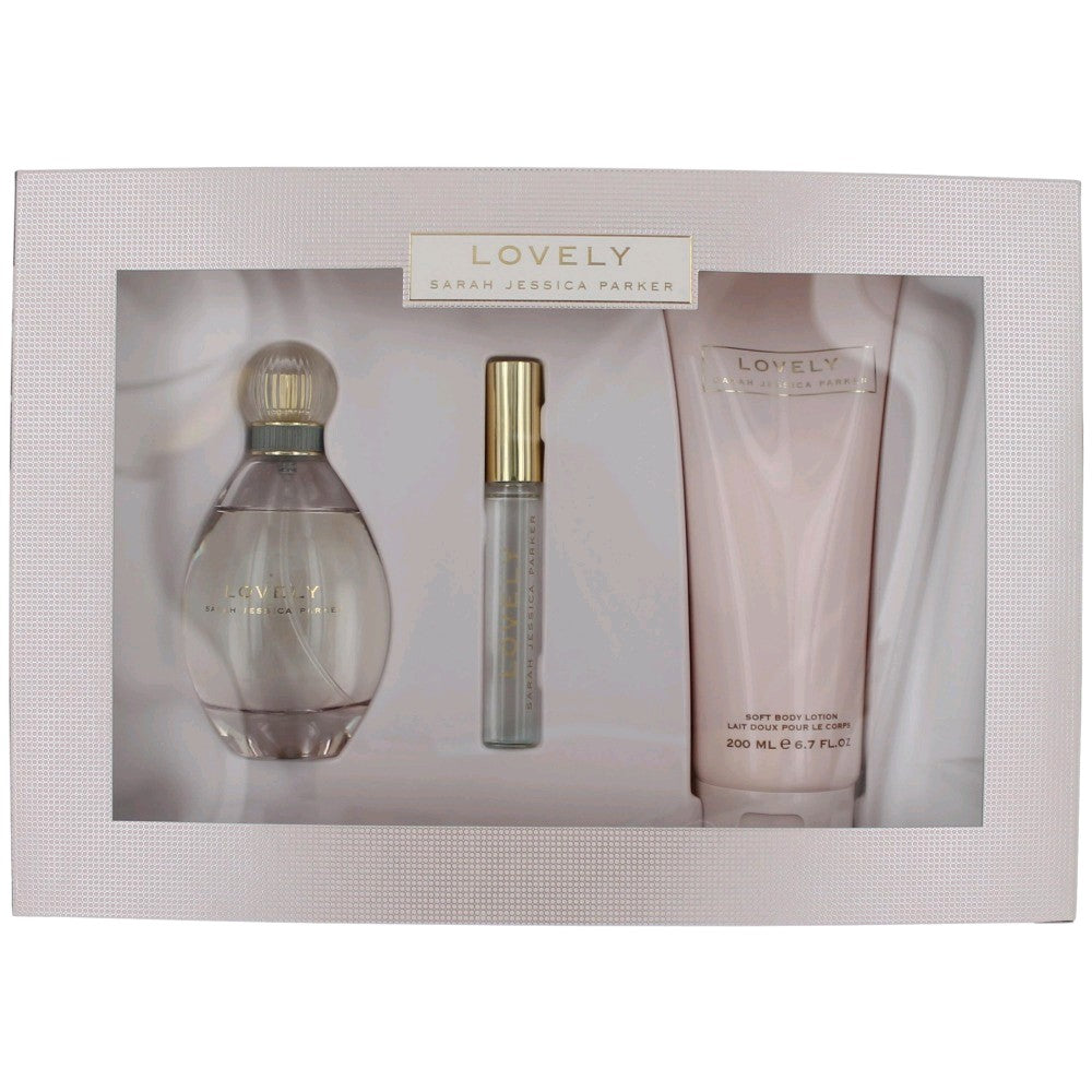 3-piece perfume gift set: glass bottle, gold rollerball, and lotion tube