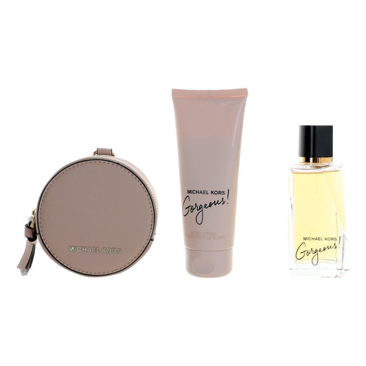 Michael Kors Gorgeous 3-piece gift set: round pouch, lotion tube, perfume spray bottle.