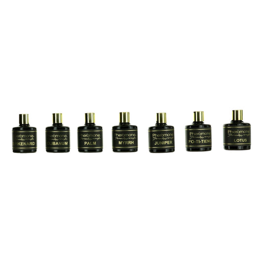 7-piece aromatherapy set with seven dark bottles and silver pump caps, labeled assorted scents.