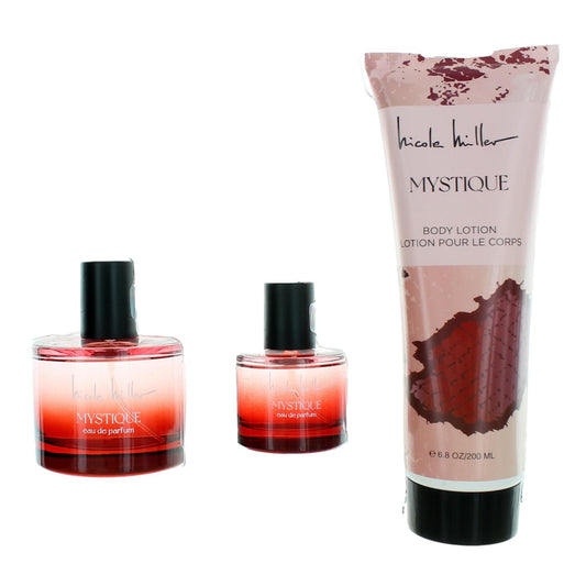 Mystique 3-piece gift set: pink/red eau de parfum bottles and body lotion tube