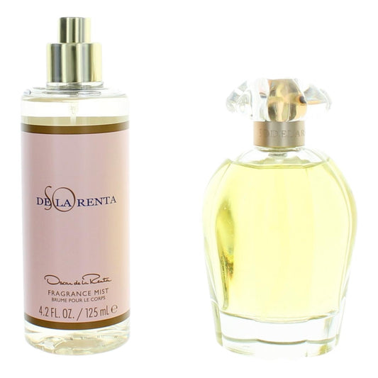 Women's fragrance gift set: pink fragrance mist and clear/yellow eau de parfum bottles