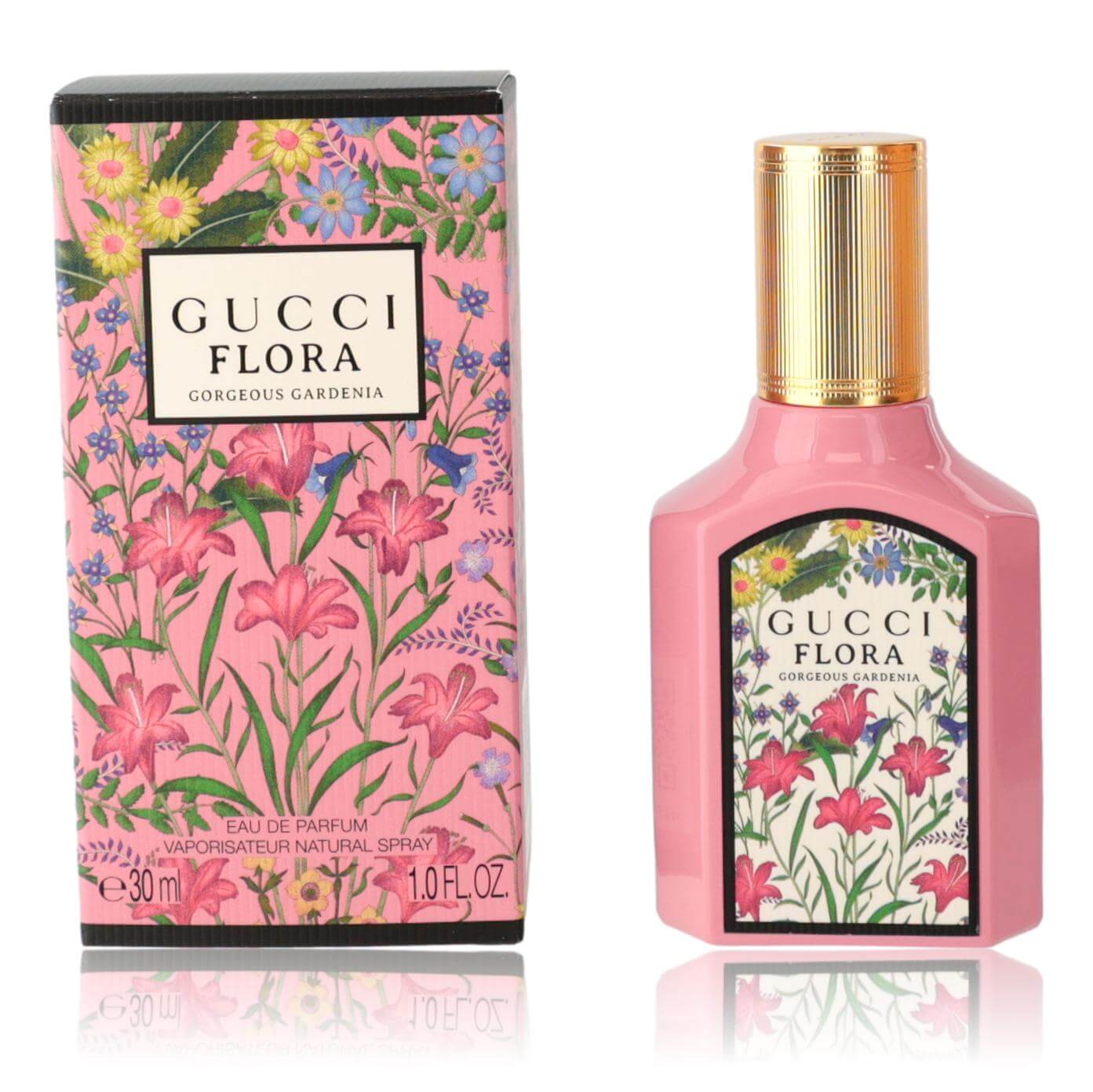 Flora Gorgeous Gardenia by Gucci, 1 oz EDP Spray for Women with floral packaging and bottle.
