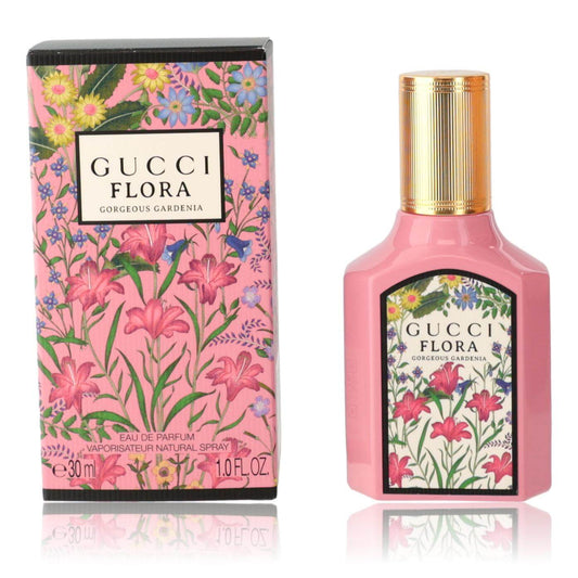 Flora Gorgeous Gardenia by Gucci, 1 oz EDP Spray for Women with floral packaging and bottle.