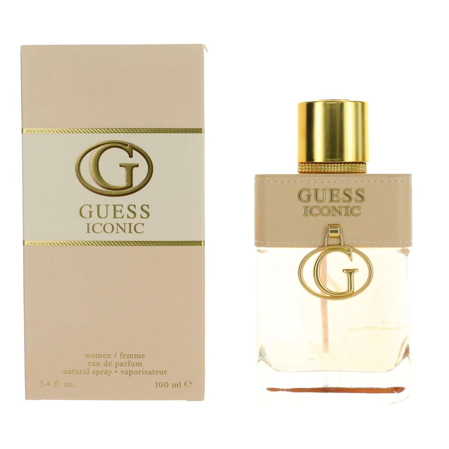 Women’s Guess Iconic EDP spray bottle with beige box and gold cap