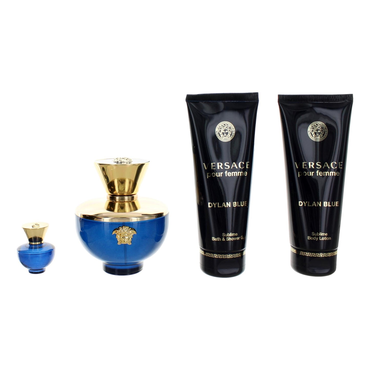 Versace Pour Femme Dylan Blue 4-piece gift set: blue perfume bottle, mini spray, lotion