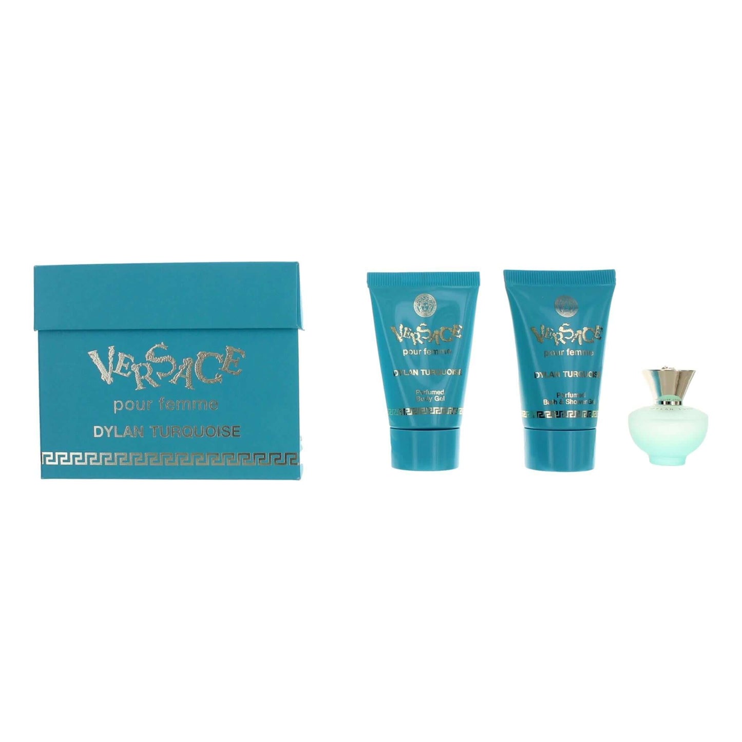 Versace Dylan Turquoise by Versace, 3 Piece Miniature Gift Set women, includes Eau de Toilette Spray and body gels.