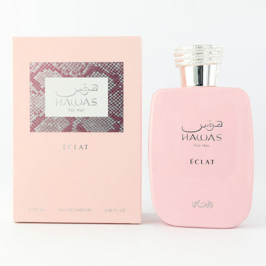 Hawas Eclat eau de parfum spray bottle with pink box, 3.4 oz