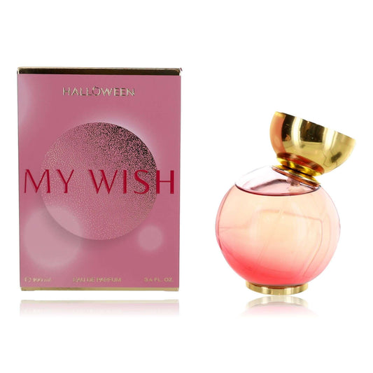 Women’s perfume EDP spray bottle with pink glass, gold cap, and matching boxed label