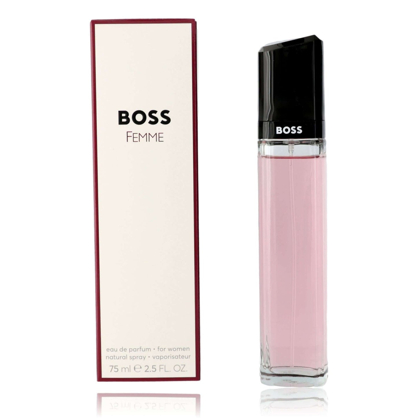 Boss Femme by Hugo Boss, 2.5 oz EDP Spray for Women in a stylish pink bottle with black cap.