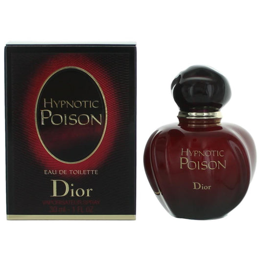 Women’s EDT spray with red glass bottle, black cap, and Hypnotic Poison Dior box