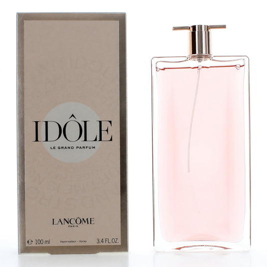 Lancome Idole women’s EDP spray bottle with rose-gold cap, pink-tinted glass, in box