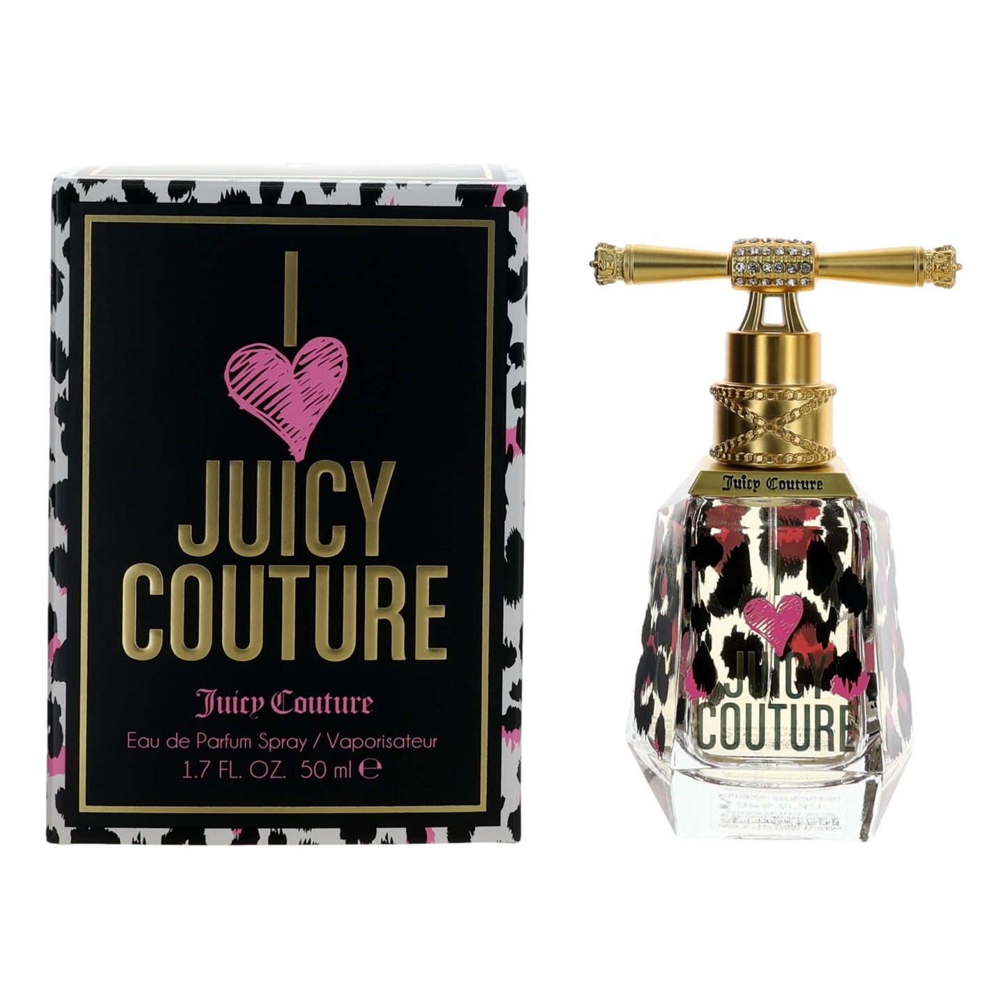 Women’s Juicy Couture EDP spray bottle with pink heart logo, shown with matching box