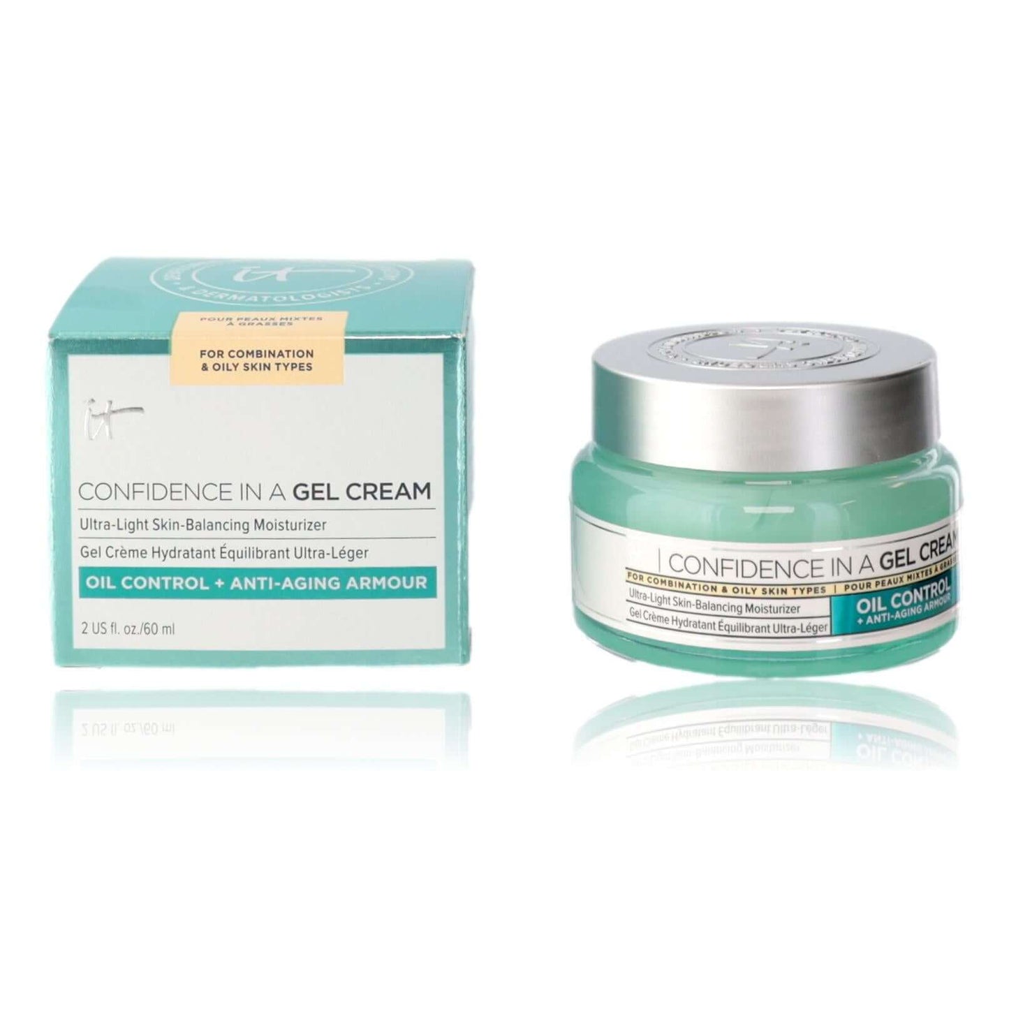 Facial gel cream jar and box, light teal label, for oil control and balancing moisturizer