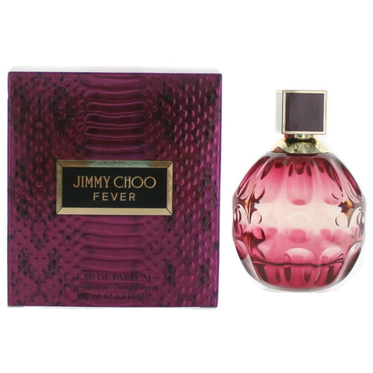 Women’s Eau de Parfum spray bottle and box, Jimmy Choo Fever, purple pink label design