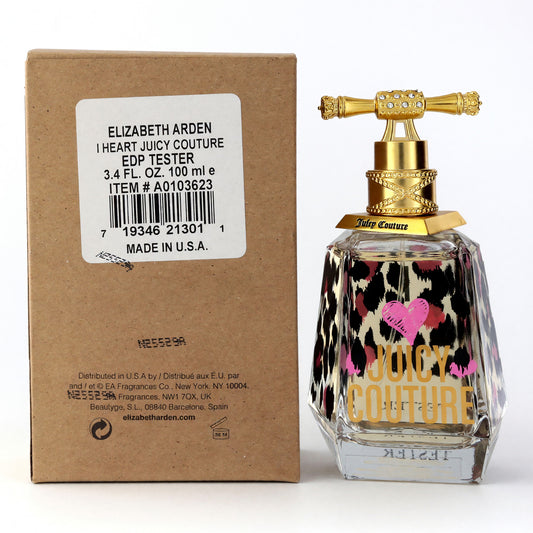 Women’s EDP tester perfume bottle with gold cap, clear glass, pink heart and leopard print