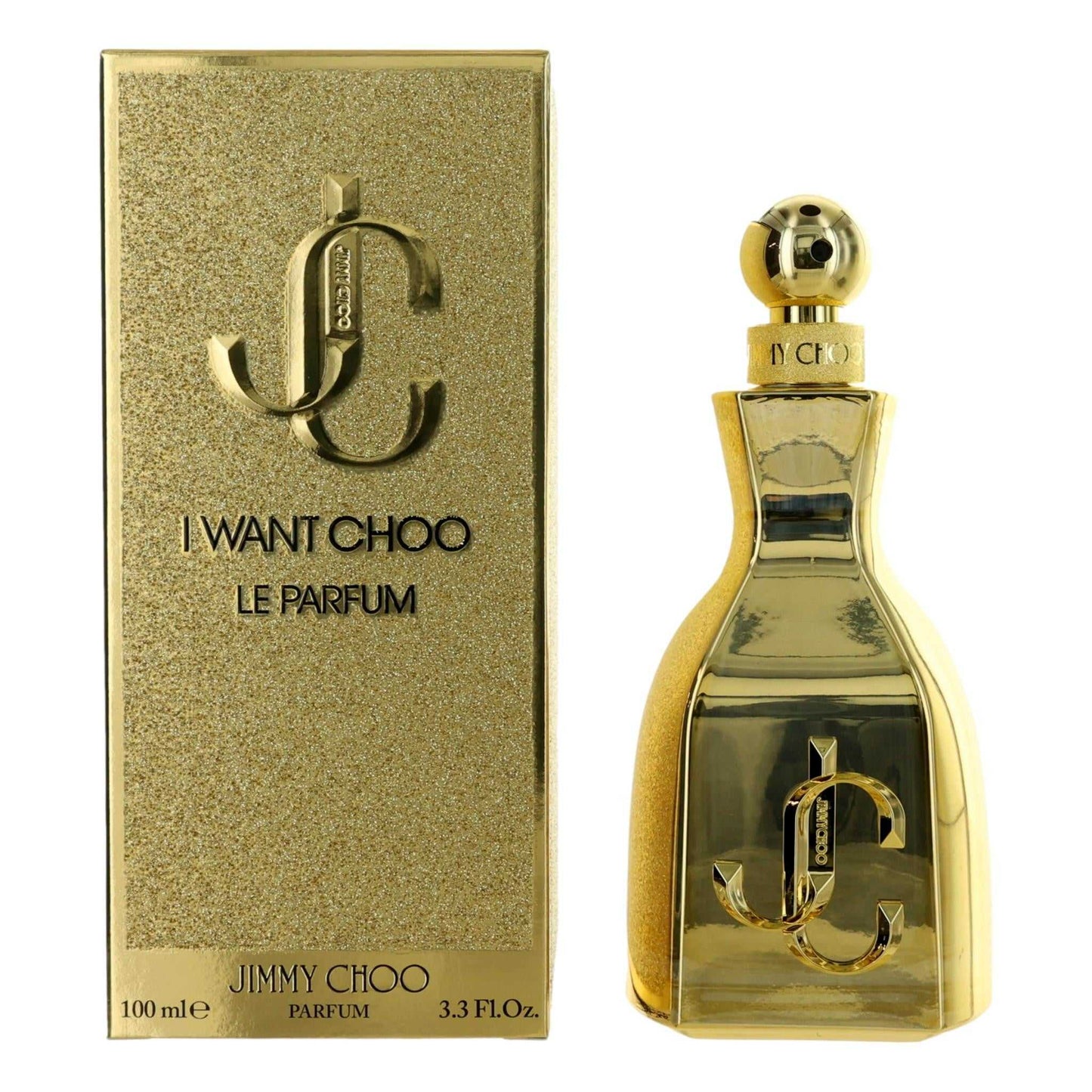 Gold perfume spray bottle with matching box, Jimmy Choo I Want Choo Le Parfum