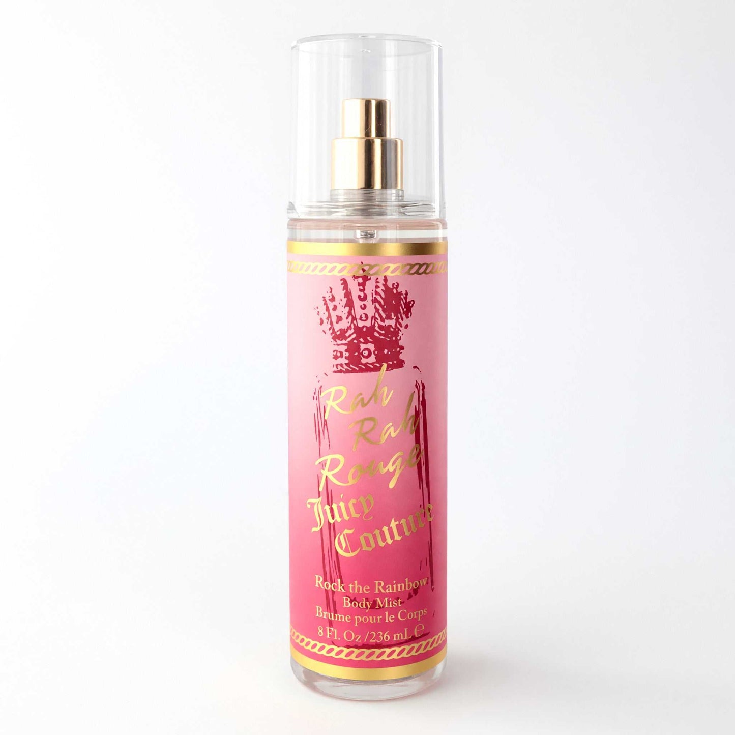 Rah Rah Rouge body mist bottle with pink label and gold spray cap