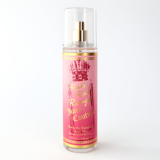 Juicy Couture Rah Rah Rouge body mist bottle, pink with gold spray cap and label