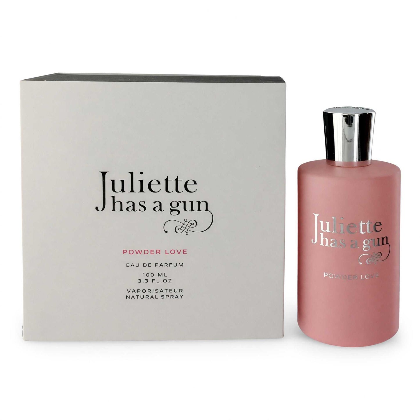 Powder Love Eau de Parfum spray bottle with matching box, pink bottle and silver cap