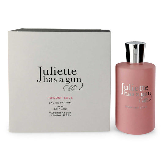 Powder Love Eau de Parfum spray bottle with matching box, pink bottle and silver cap