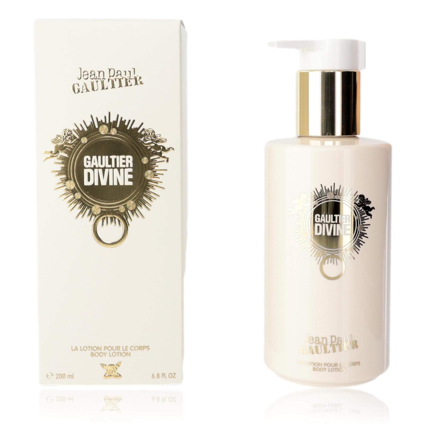 Divine by Jean Paul Gaultier, 6.8 oz Body Lotion for Women in elegant packaging with a pump.